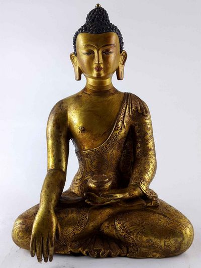 Shakyamuni Buddha - [full Gold Plated], Antique Finishing With [painted Face]