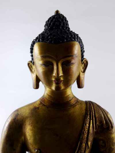 Shakyamuni Buddha - [full Gold Plated], Antique Finishing With [painted Face]