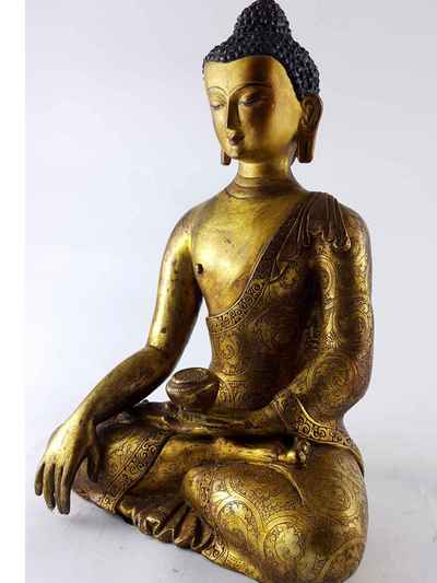 Shakyamuni Buddha - [full Gold Plated], Antique Finishing With [painted Face]