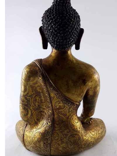Shakyamuni Buddha - [full Gold Plated], Antique Finishing With [painted Face]