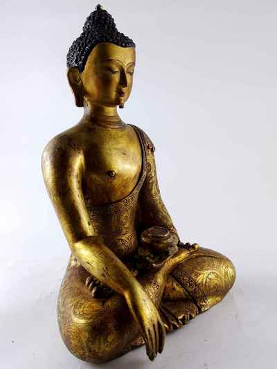 Shakyamuni Buddha - [full Gold Plated], Antique Finishing With [painted Face]