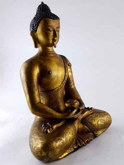 Amitabha Buddha - [full Gold Plated], Antique Finishing With [painted Face]