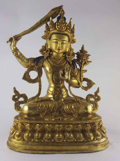 Manjushri Statue Copper [full Gold Plated], With [painted Face], And Double Lotus Base