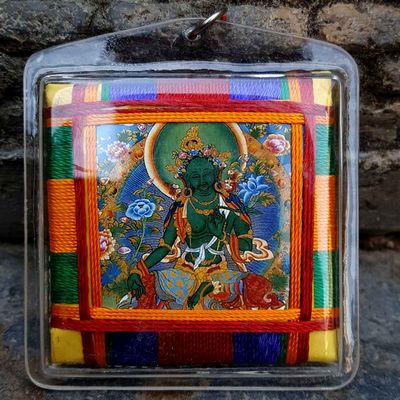 Green Tara - Large Tibetan Mantra Amulet With Hard Plastic Coat