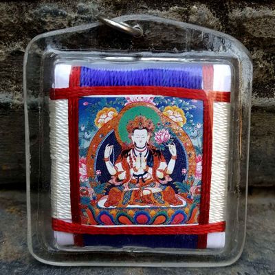 Chenrezig - Tibetan Mantra Amulet With Hard Plastic Coat