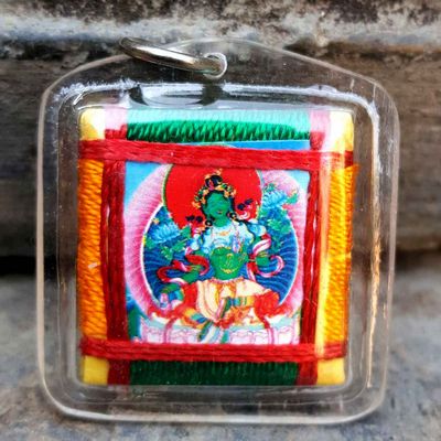 Green Tara - Small Tibetan Mantra Amulet With Hard Plastic Coat