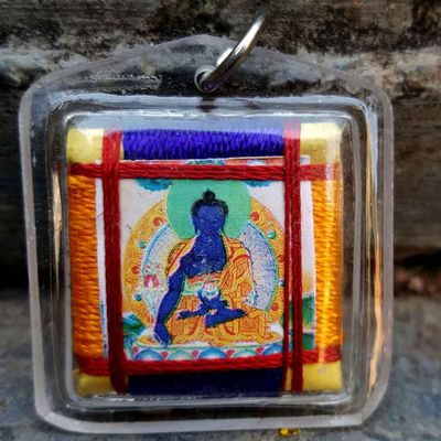 Medicine Buddha - Small Tibetan Mantra Amulet With Hard Plastic Coat