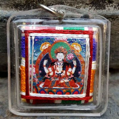 Chenrezig - Small Tibetan Mantra Amulet With Hard Plastic Coat