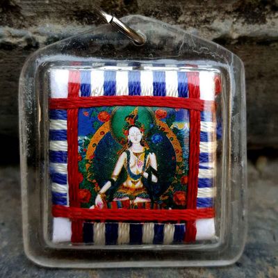 White Tara - Small Tibetan Mantra Amulet With Hard Plastic Coat