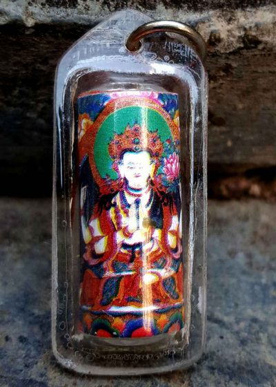 Chenrezig - Cylindrical Tibetan Mantra Amulet With Hard Plastic Coat