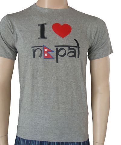 Nepali Cotton Round Neck T-shirt [gray With I Love Nepal Screen Print