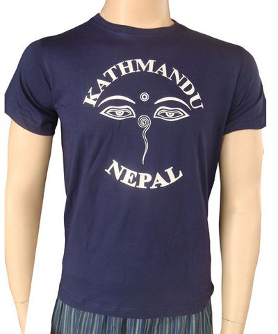 Nepali Cotton Round Neck T-shirt [blue] With Kathmandu Screen Print