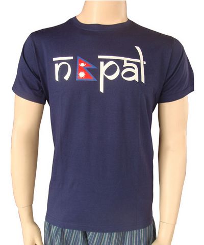 Nepali Cotton Round Neck T-shirt [blue] With Nepal Screen Print