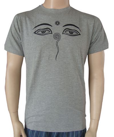 Nepali Cotton Round Neck T-shirt [gray], With [buddh Eye Screen Print]