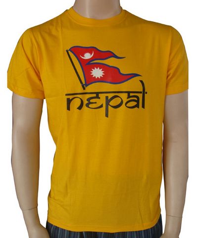 Nepali Cotton Round Neck T-shirt [yellow], With [nepal Flag Embroidery]