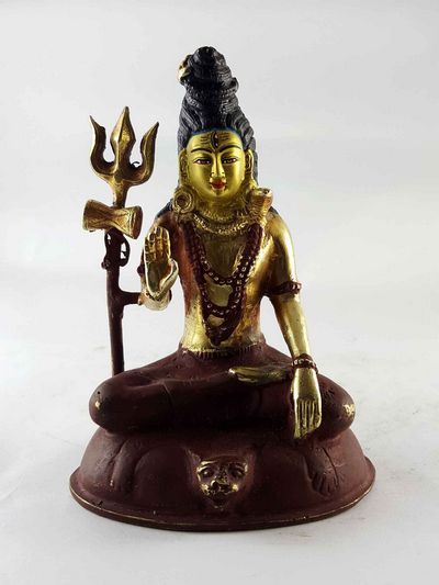 Copper Statue Of Shiva [mahadev], [partly Gold Plated], [painted Face]
