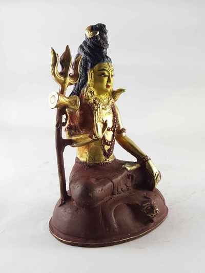 Copper Statue Of Shiva [mahadev], [partly Gold Plated], [painted Face]