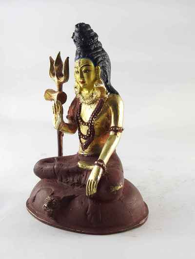 Copper Statue Of Shiva [mahadev], [partly Gold Plated], [painted Face]