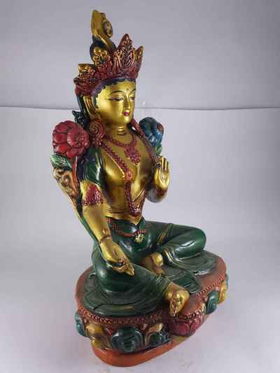 Clay Statue Of Green Tara [made In Nepal], [handmade], [painted]