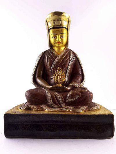 Copper Statue Of Gampopa [gold And Silver Plated], [painted Face], [double Color Oxidation]