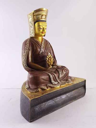 Copper Statue Of Gampopa [gold And Silver Plated], [painted Face], [double Color Oxidation]