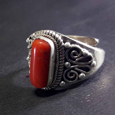 Handmade Silver Ring With Real Coral Setting [free Size]