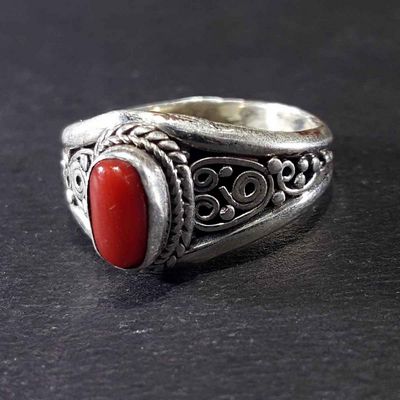Handmade Silver Ring With Real Coral Setting With [carving]