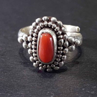 Handmade Silver Ring With Real Coral Setting [free Size]