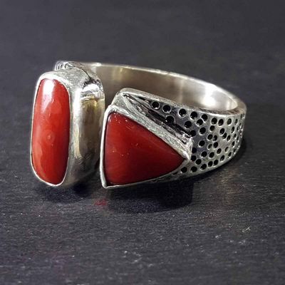 Handmade Silver Ring With Real Coral Setting With [carving], [free Size]