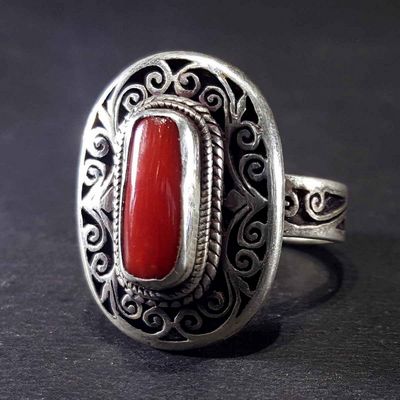 Handmade Silver Ring With Real Coral Setting With [carving]
