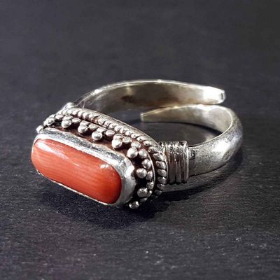 Handmade Silver Ring With Real Coral Setting [size Adjustable]