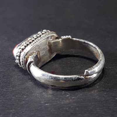 Handmade Silver Ring With Real Coral Setting [size Adjustable]