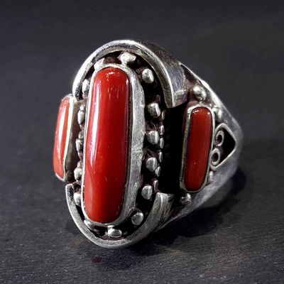 Handmade Silver Ring With Three Real Coral Setting With [carving]