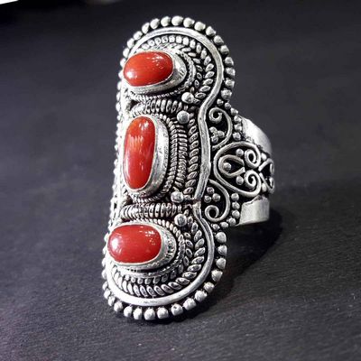 Handmade Silver Ring With Three Real Coral Setting [size Adjustable], [fine Detailing]