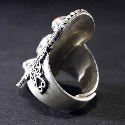 Handmade Silver Ring With Three Real Coral Setting [size Adjustable], [fine Detailing]