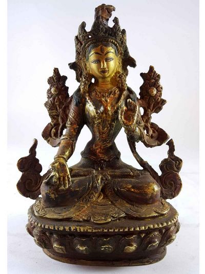 Handmade Statue Of White Tara [partly Gold Plated], [painted Face], [antique Finishing]