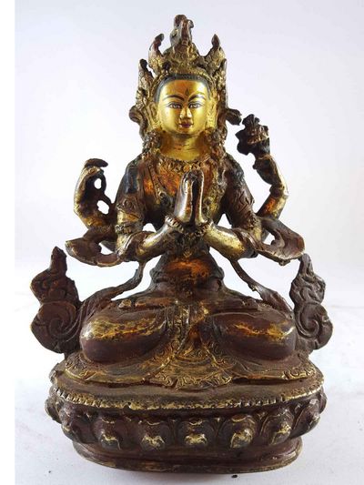 Handmade Statue Of Chenrezig [partly Gold Plated], [painted Face], [antique Finishing]
