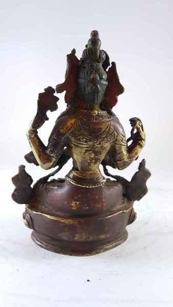Handmade Statue Of Chenrezig [partly Gold Plated], [painted Face], [antique Finishing]