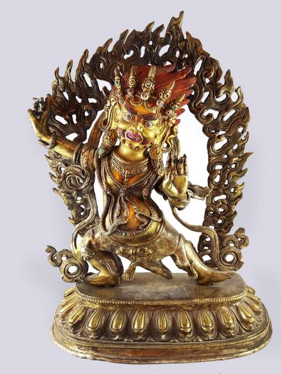 Statue Of Vajrapani [chana Dorje], [full Gold Plated], [painted Face], [antique Finishing], [sold]