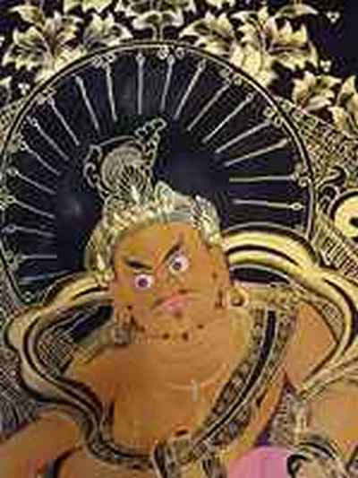 Yellow Jambhala Thangka [painting], [smoked Antique Finishing], [kuber], [dzambhala]