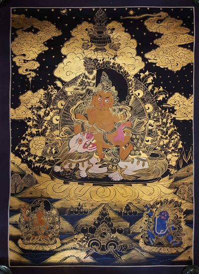 [lion Namtose Vaisravana Jambhala] Thangka [painting], [smoked Antique Finishing]
