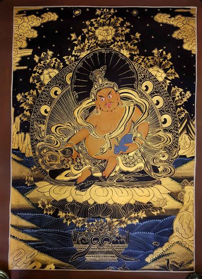 Buddhist Hand Painted Thangka Of Yellow Jambhala Thangka [painting], [smoked Antique Finishing], [kuber], [dzambhala]