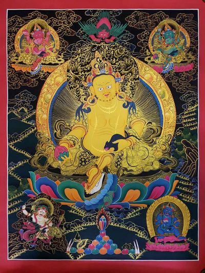 Buddhist Hand Painted Thangka Of Pancha Kuber [five Jambhala], [dzambhala], [tibetan Style], [painting]