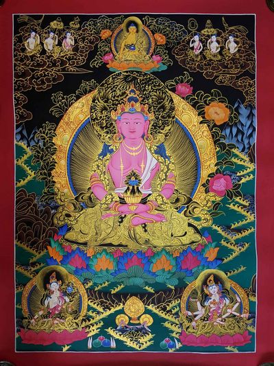 Buddhist Hand Painted Thangka Of Vajrasattva With Consort, [shakti], With Shakyamuni Buddha, White Tara And Namgyalma, Yab-yum Thangka [tibetan Style], [painting]