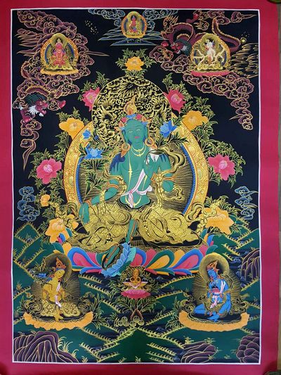 Buddhist Hand Painted Thangka Of Green Tara With Aparimita, Amitabha Buddha And Namgyalma, [tibetan Style], [painting]