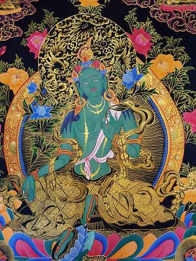 Buddhist Hand Painted Thangka Of Green Tara With Aparimita, Amitabha Buddha And Namgyalma, [tibetan Style], [painting]