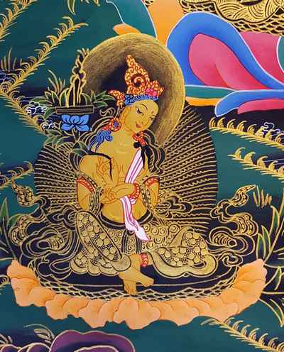 Buddhist Hand Painted Thangka Of Green Tara With Aparimita, Amitabha Buddha And Namgyalma, [tibetan Style], [painting]