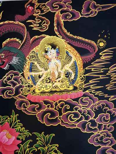 Buddhist Hand Painted Thangka Of Green Tara With Aparimita, Amitabha Buddha And Namgyalma, [tibetan Style], [painting]