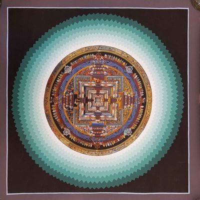 Aqua Color Kalachakra Mandala Thangka With Shading [hand Painted], [real Gold]