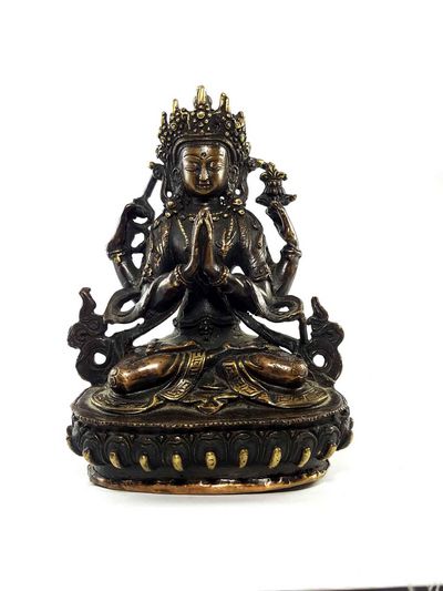 Exquisite And Rare Nepali Brass Chenrezig Statue [antique Finishing] - Perfect For Gifting And Home Décor At An Affordable Price